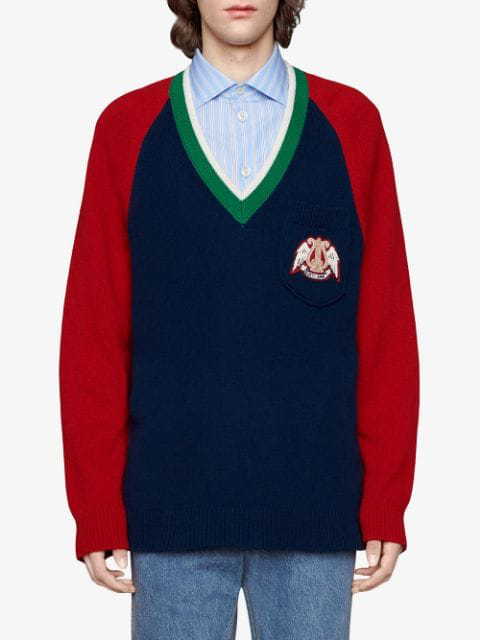 Gucci V-neck Wool Sweater With Lyre In Blue ,red | ModeSens