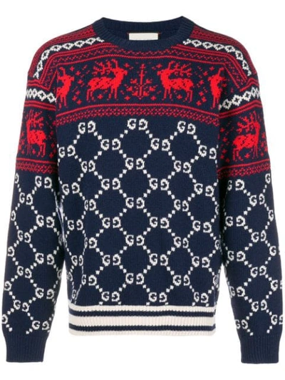 Shop Gucci Gg And Reindeer Jacquard Sweater In Blue