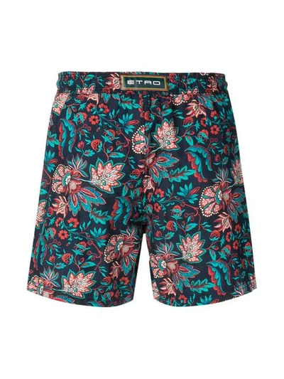 Shop Etro Floral Print Swim Shorts In Blue