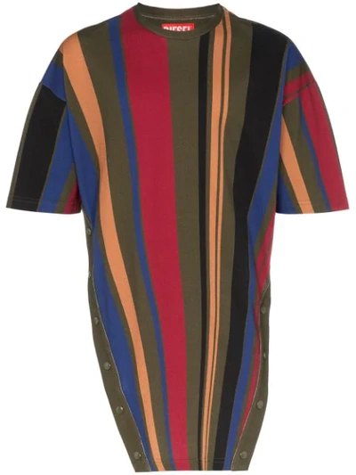 Shop Diesel Red Tag Popper Button Stripe Print Cotton T Shirt In Multicoloured