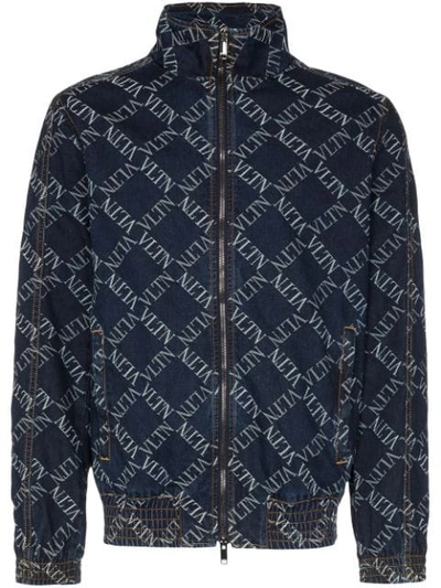 Shop Valentino Vltn Logo Print Denim Bomber Jacket In Blue