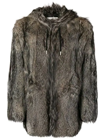 Shop Saint Laurent Hooded Fox Fur Coat - Brown