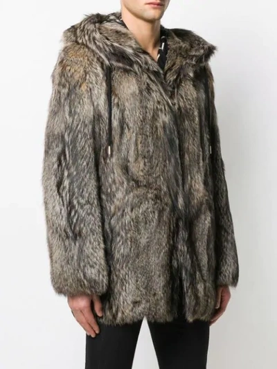 Shop Saint Laurent Hooded Fox Fur Coat - Brown