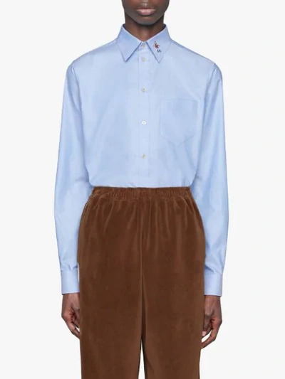 Shop Gucci Oxford Shirt With Embroidered Collar In Blue