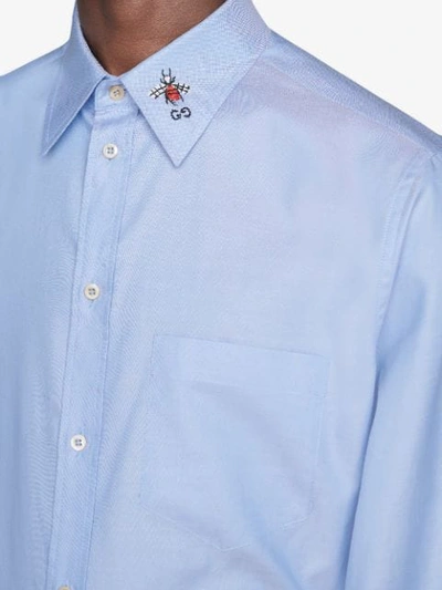 Shop Gucci Oxford Shirt With Embroidered Collar In Blue