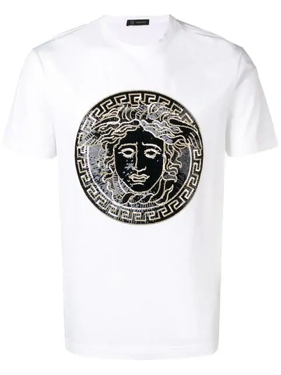 Shop Versace Medusa Sequin Embellished T In White