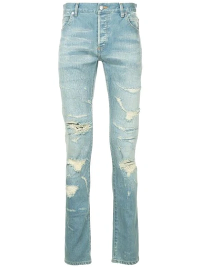 Shop Balmain Slim-fit Distressed Jeans - Blue