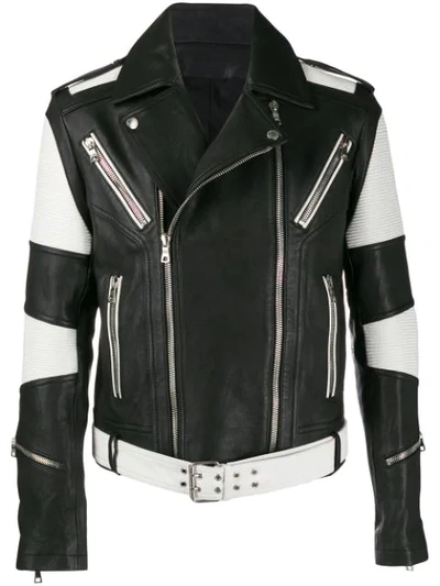 Shop Balmain Striped Sleeve Biker Jacket In Eab Noir  Blanc