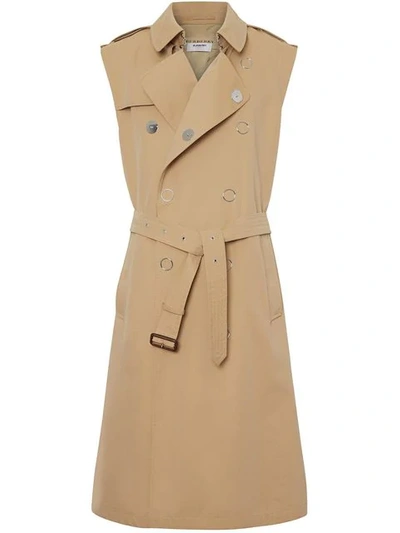 Shop Burberry Sleeveless Cotton Gabardine Trench Coat In Honey