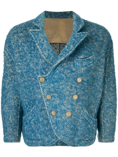 Pre-owned Yohji Yamamoto Vintage Oversized Double-breasted Tweed Jacket In Blue