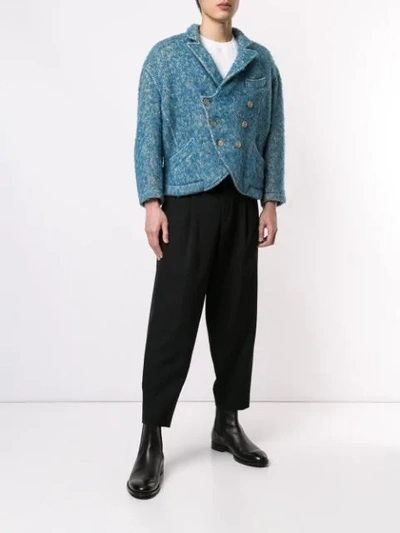 Pre-owned Yohji Yamamoto Vintage Oversized Double-breasted Tweed Jacket In Blue