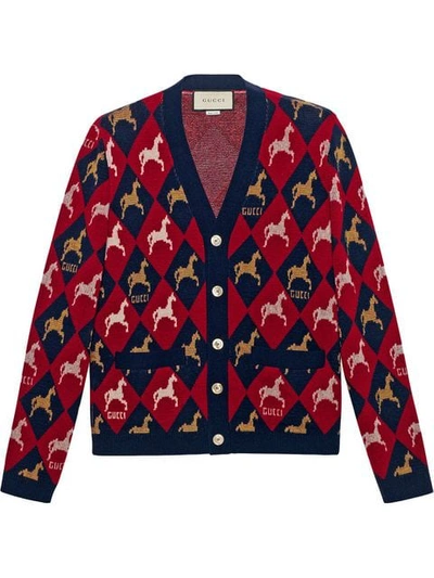 Shop Gucci Equestrian Wool Jacquard Cardigan In 6527 Red