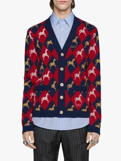 Shop Gucci Equestrian Wool Jacquard Cardigan In 6527 Red
