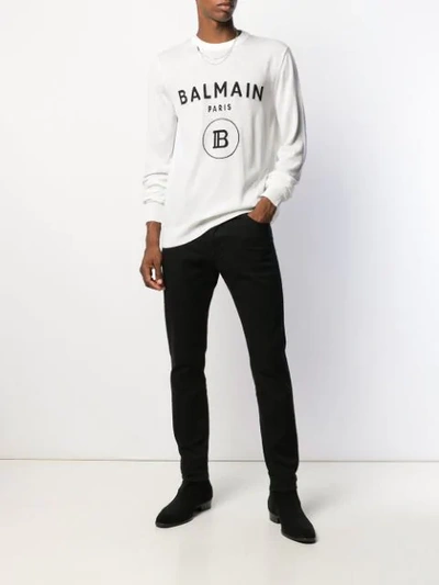 Shop Balmain Jacquard Logo Knitted Sweater In White