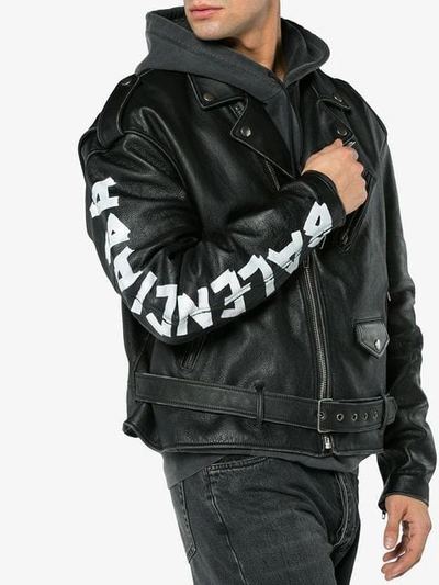 Shop Balenciaga Painted Logo Biker Jacket In Black