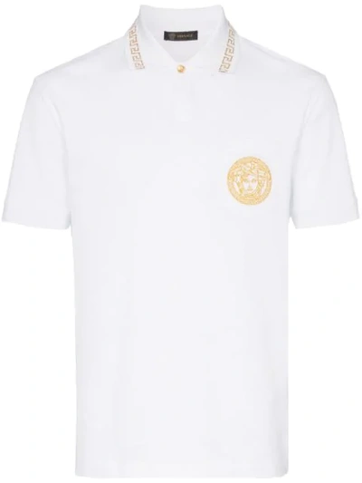 Shop Versace Cotton Gold Medusa Polo Shirt In A93a White