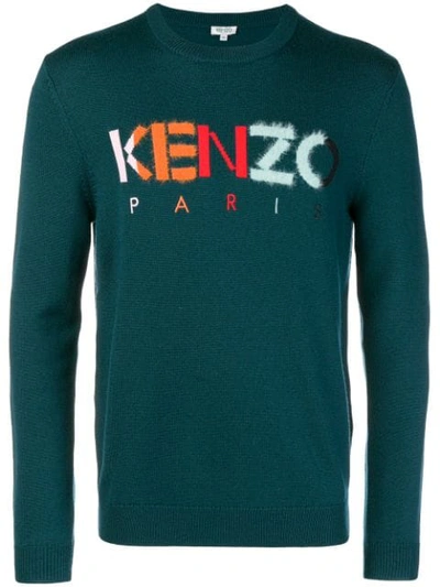 Shop Kenzo Wollpullover Mit Logo-stickerei In Green