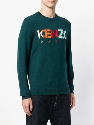 Shop Kenzo Wollpullover Mit Logo-stickerei In Green