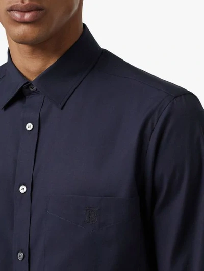 Shop Burberry Monogram Motif Stretch Cotton Poplin Shirt In Navy