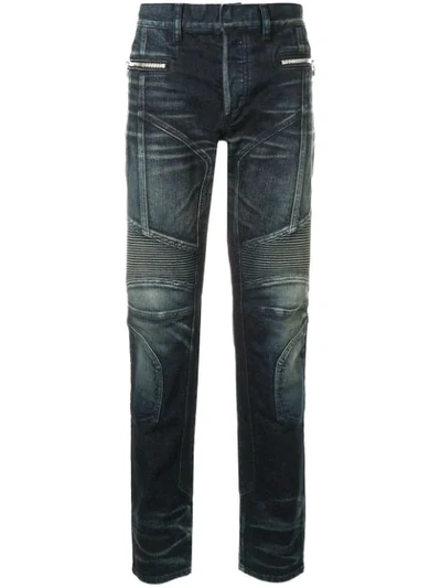 Shop Balmain Stonewashed Tapered Biker Jeans In Blue