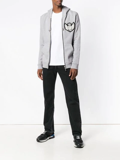 Shop Balmain Logo Zipped Hoodie In Grey