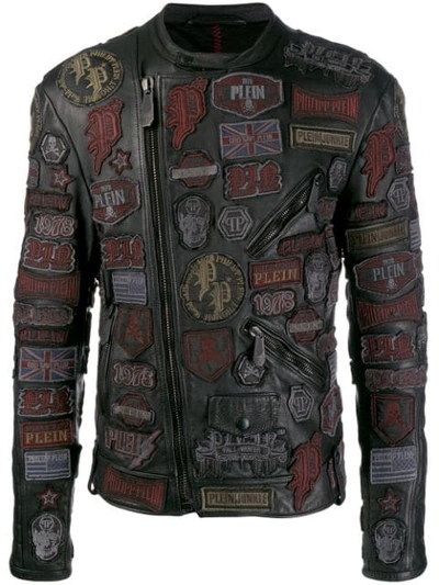 Shop Philipp Plein Patches Biker Jacket In Black