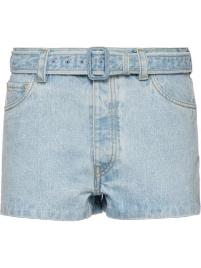 Shop Prada Belted Denim Shorts In Blue