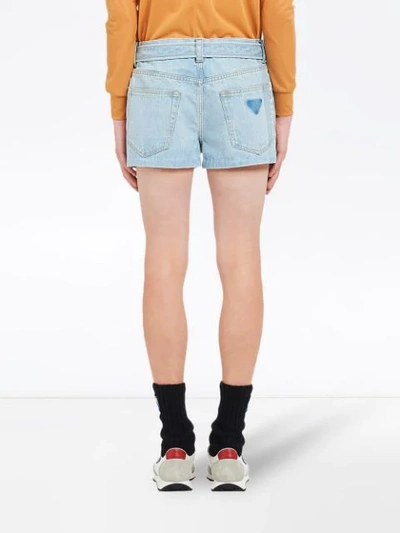 Shop Prada Belted Denim Shorts In Blue