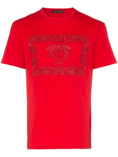 Shop Versace Medusa Embroidered Cotton T In Red