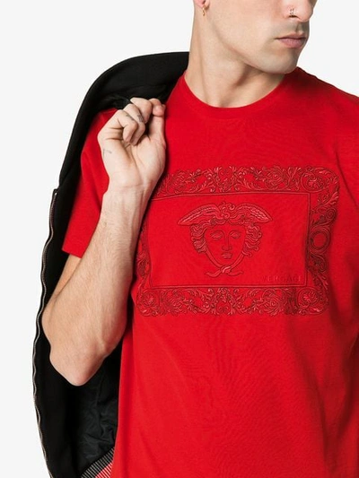 Shop Versace Medusa Embroidered Cotton T In Red
