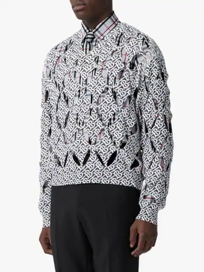 Shop Burberry Cut-out Detail Monogram Print Silk Sweater In Blue