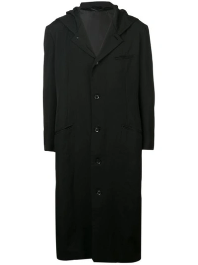 Shop Yohji Yamamoto Boxy Hooded Coat - Black