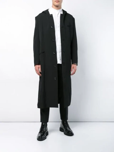 Shop Yohji Yamamoto Boxy Hooded Coat - Black