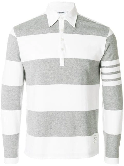 Shop Thom Browne Rugby Stripe Relaxed Fit Long Sleeve Polo In Grey