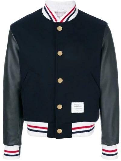 Shop Thom Browne Button Front Melton Wool Varsity Jacket In Blue