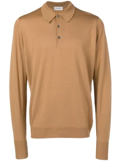 Shop John Smedley Long Sleeve Polo Shirt - Brown