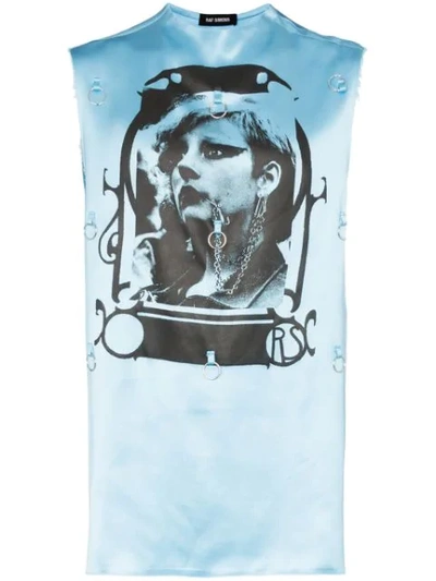 Shop Raf Simons Graphic Print Hoop Embellished Sleeveless Satin T-shirt In 00041 Blue