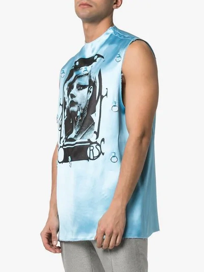 Shop Raf Simons Graphic Print Hoop Embellished Sleeveless Satin T-shirt In 00041 Blue