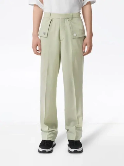 Shop Burberry Tumbled Wool Wide-leg Trousers In Green