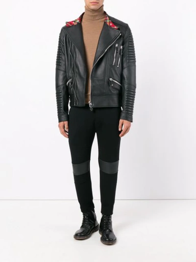 Shop Philipp Plein Tartan Trim Biker Jacket In Black