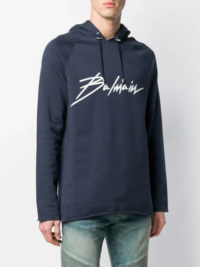 BALMAIN SIGNATURE LOGO HOODIE - 蓝色