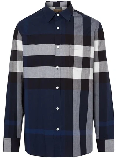 Shop Burberry Check Stretch Cotton Shirt In Blue