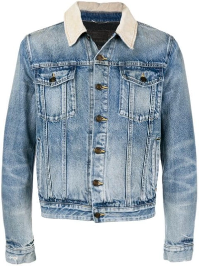 Shop Saint Laurent Contrast Collar Denim Jacket In 4315 Rusty Light Blue