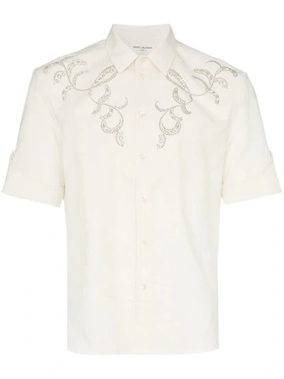 Shop Saint Laurent Western-style Short-sleeved Embroidered Cotton Shirt In 9601 Ecru