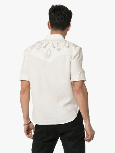Shop Saint Laurent Western-style Short-sleeved Embroidered Cotton Shirt In 9601 Ecru