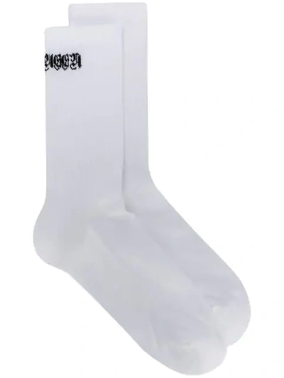 Shop Alexander Mcqueen Ribbed Logo Knit Socks In White