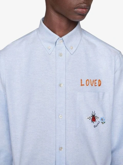 Shop Gucci Embroidered Oxford Cotton Shirt In Blue