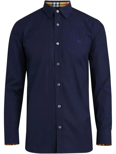 Shop Burberry Check Cuff Stretch Cotton Poplin Shirt In Blue
