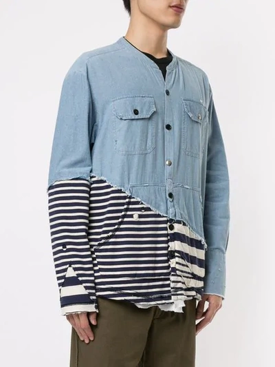 Shop Greg Lauren Contrast Panel Distressed Denim Shirt In Light Blue/navy/white