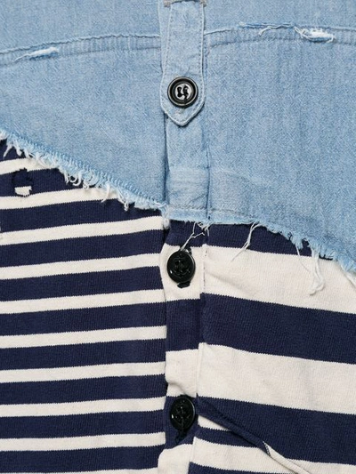 Shop Greg Lauren Contrast Panel Distressed Denim Shirt In Light Blue/navy/white